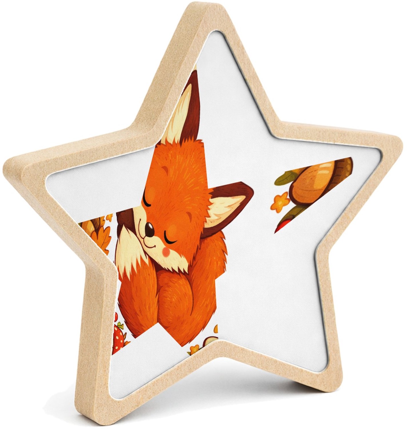 Mr Cadeautjes MDF fotolijst ster 14 x 13,5 - design Slapende vos in herfstbladeren | cadeau Wit