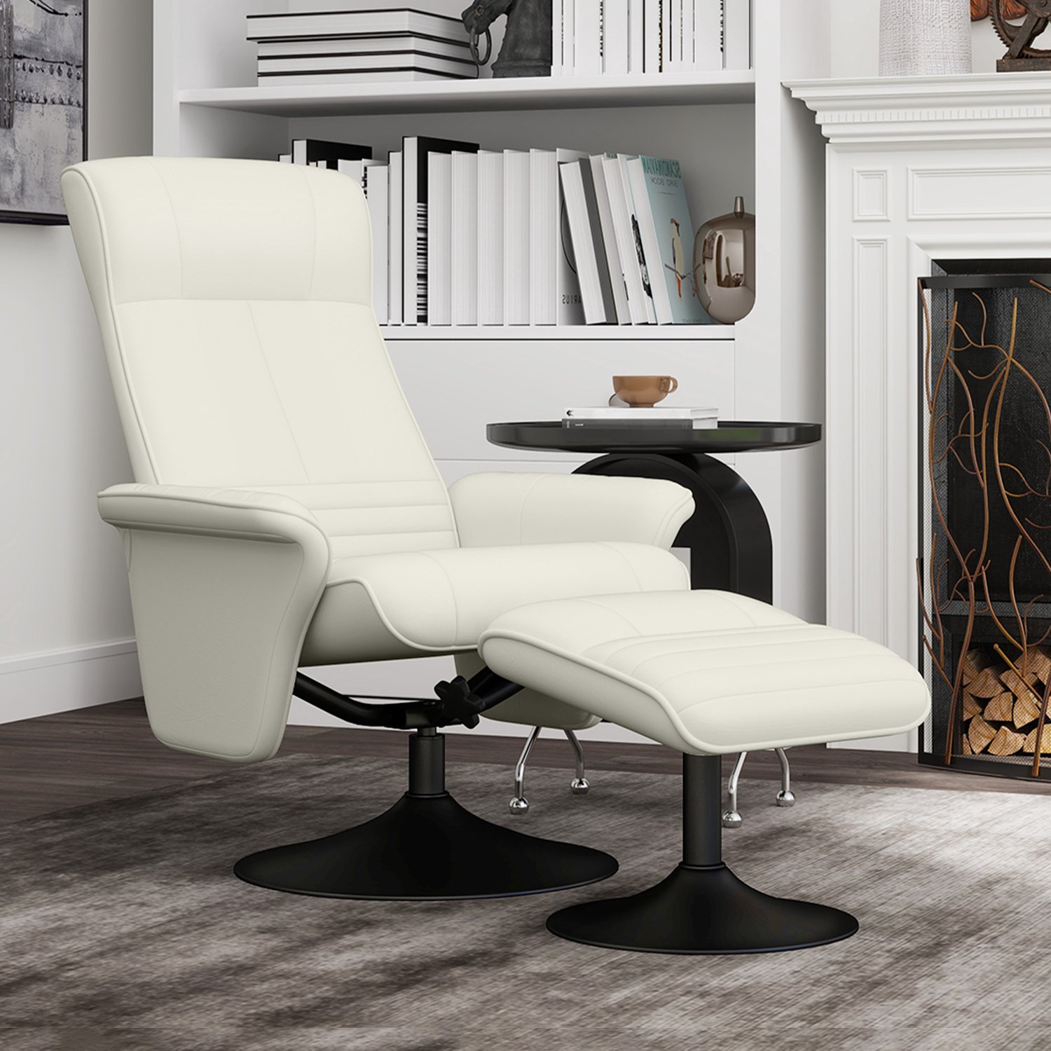 OKWISH Relaxfauteuil 71 bij 69 bij 104 cm - Draaibaar en Verstelbaar met Hocker - Voor Woonkamer en Slaapkamer - Polyester - Crèmewit
