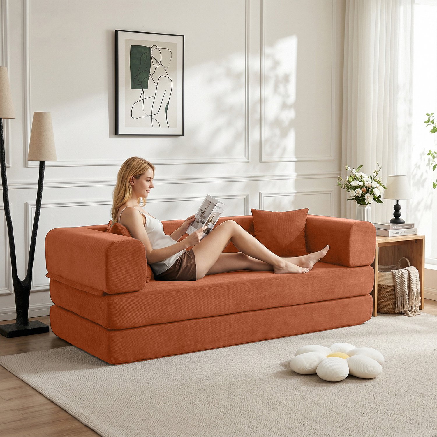 MEUNIQ Opvouwbare slaapbank 200 x 100 x 70 cm, vloersofa van ribfluweel met verplaatsbare armleuningen en kussens, voor woonkamer of slaapkamer, oranje Oranjerood