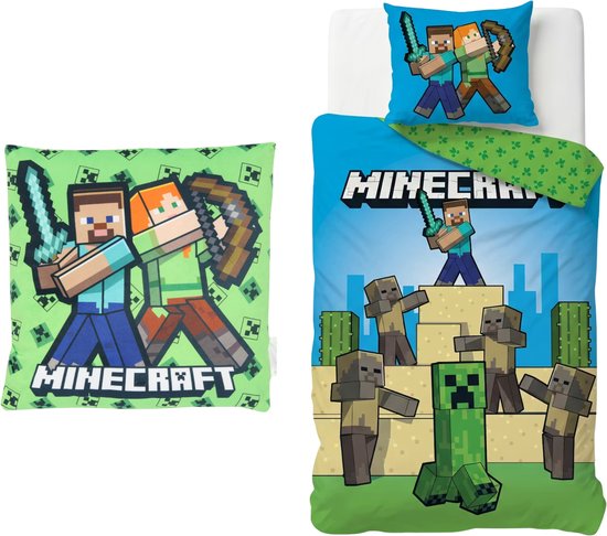 Minecraft dekbedovertrekset met Steve, Alex en zombies, inclusief extra groen kussen.