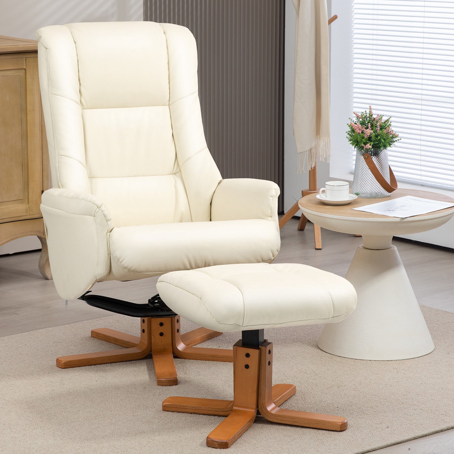 OKWISH Relaxfauteuil 71 x 84 x 102 cm - Verstelbare Rugleuning en Wipfunctie - Met Hocker voor Woonkamer en Slaapkamer - Kunstleer - Crèmewit