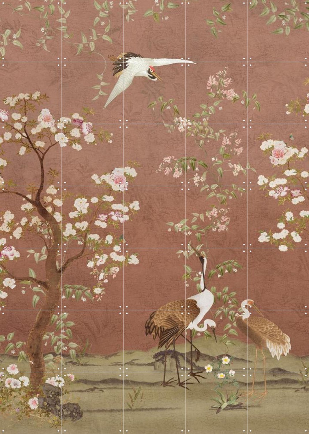 IXXI Chinoiserie Birds And Blossom Trees Terracotta, Bloomery Decor - 100 x 140 cm - Grote wanddecoratie en posters - Ukiyo-e, Slaapkamer, Eetkamer Lichte tinten