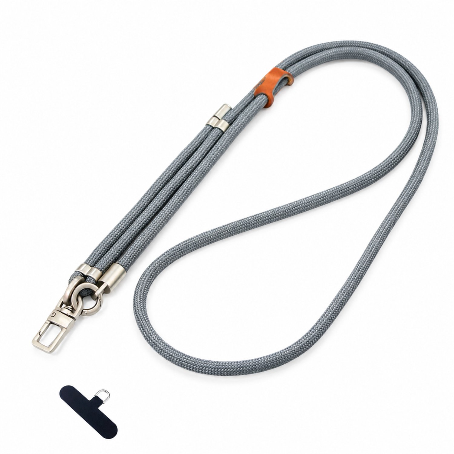 Telefoonkoord donkergrijs, verstelbaar van 75 tot 150 cm, 8 mm dik, voor nek- en crossbodygebruik, met T-vormig bevestigingsplaatje