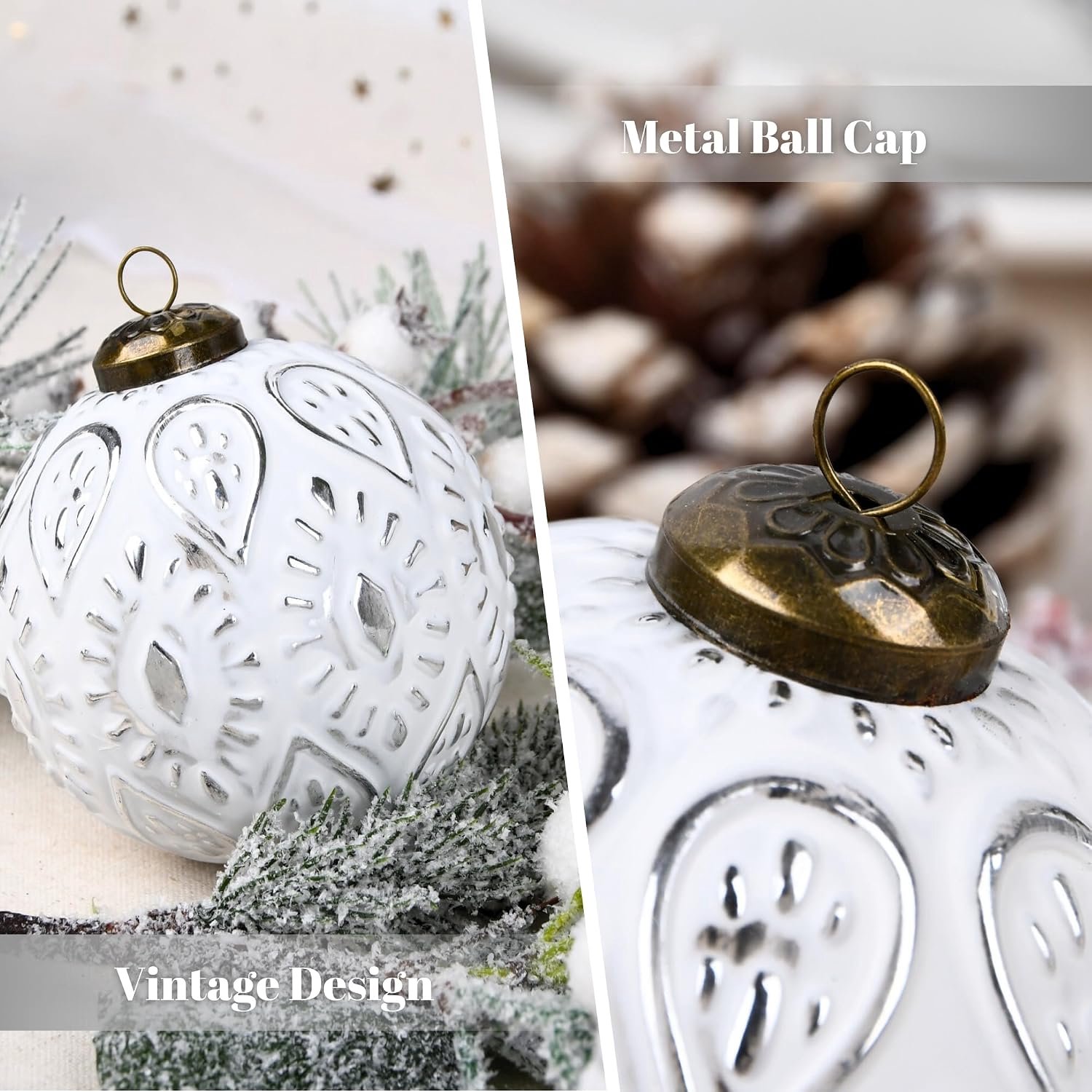 Kerstballenset - Vintage kerstboomversieringen - 12 stuks - Kerstballen in landelijke stijl - Kerstdecoratie voor binnen - 80 mm (3,15 inch) kersttafereel - Kerstballen voor in de boom - zliver en wit – foto 4