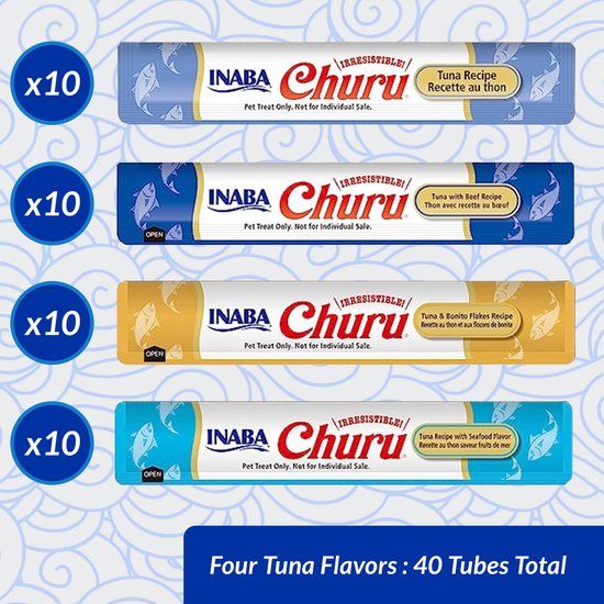 Vier smaken tonijn Churu kattensnacks in 40 tubes, elk met 10 individuele verpakkingen per smaak.