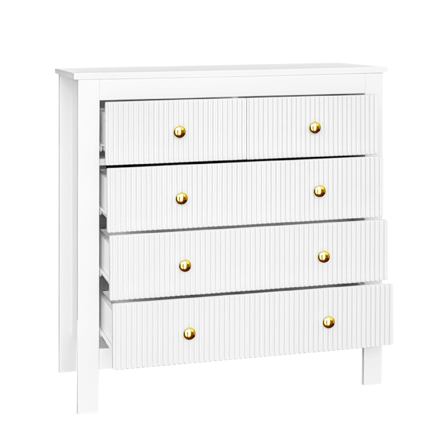 Ropilly Ladekast met 5 lades - 79 x 39,5 x 80,5 cm - Geribbelde ladefronten - Wit met gouden handgrepen - Voor slaapkamer, woonkamer of hal