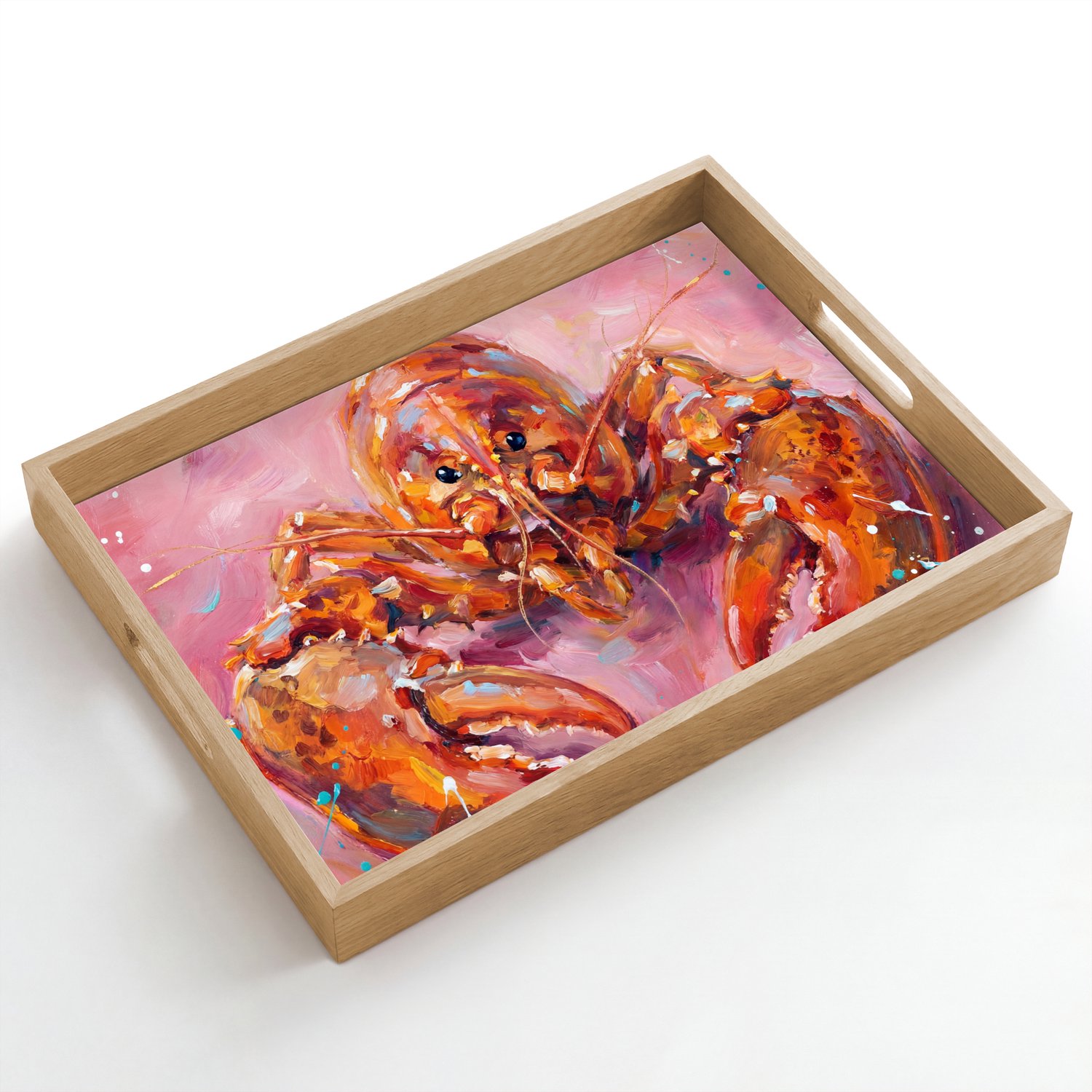 Dienblad hout 50x35 cm - Schootdienblad - Zeeleven - Kreeft - Spatters - Abstract - Roze - Borrelplank rechthoek - Plateau dienbladen