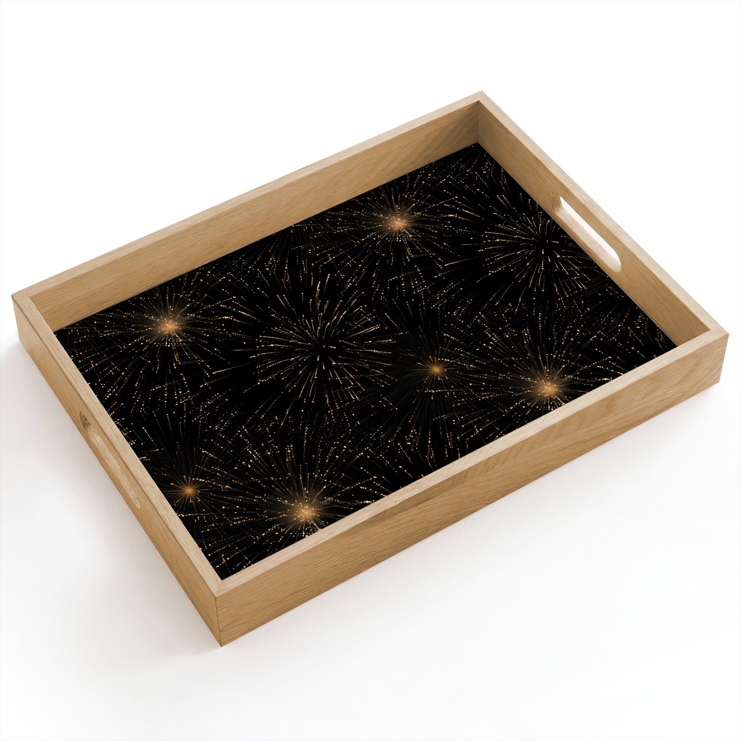 Dienblad hout 40x30 cm - Schootdienblad - Vuurwerk - Patroon - Feestelijk - Goud - Zwart - Borrelplank rechthoek - Plateau dienbladen