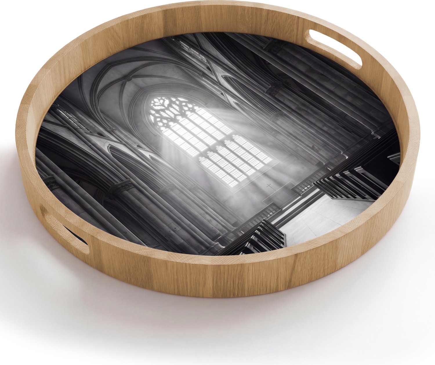 Dienblad rond 50x50 cm - Schootdienblad hout - Kerk - Interieur - Lichtstralen - Architectuur - Klassiek - Borrelplank rechthoek - Plateau houten dienbladen