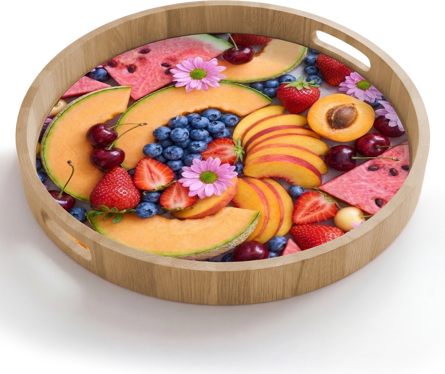 Dienblad rond 50x50 cm - Schootdienblad hout - Eten - Fruit - Zomer - Kleurrijk - Borrelplank rechthoek - Plateau houten dienbladen
