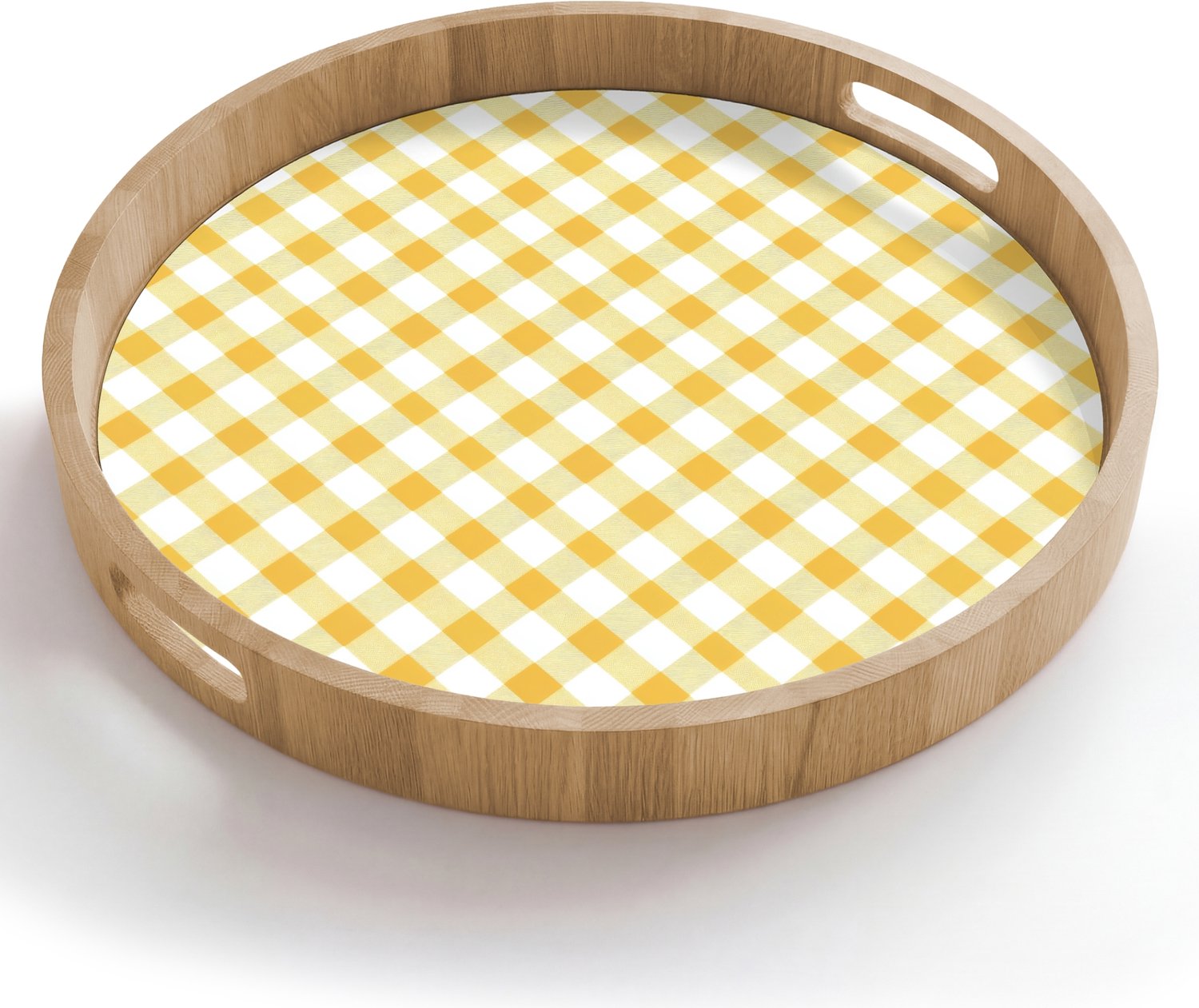 Dienblad rond 50x50 cm - Schootdienblad hout - Ruit - Gingham - Klassiek - Geel en Wit - Borrelplank rechthoek - Plateau houten dienbladen