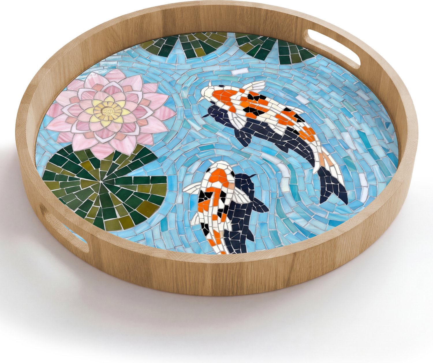 Dienblad rond 50x50 cm - Schootdienblad hout - Vis - Water - Natuur - Mozaïek - Blauw - Borrelplank rechthoek - Plateau houten dienbladen