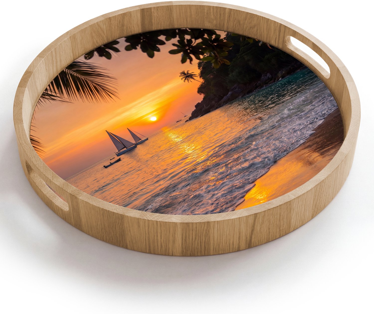 Dienblad rond 40x40 cm - Schootdienblad hout - Zee - Zonsondergang - Boot - Natuur - Oranje - Borrelplank rechthoek - Plateau houten dienbladen