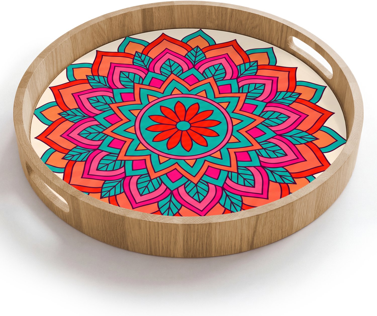 Dienblad rond 40x40 cm - Schootdienblad hout - Mandala - Patroon - Abstract - Kleurrijk - Modern - Borrelplank rechthoek - Plateau houten dienbladen
