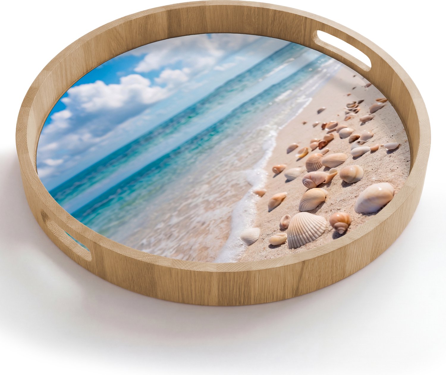 Dienblad rond 50x50 cm - Schootdienblad hout - Schelpen - Strand - Natuur - Beige - Borrelplank rechthoek - Plateau houten dienbladen