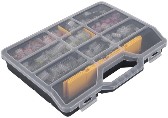Gesloten zwarte sorteerdoos met transparant deksel, gevuld met diverse gekleurde lasklemmen.