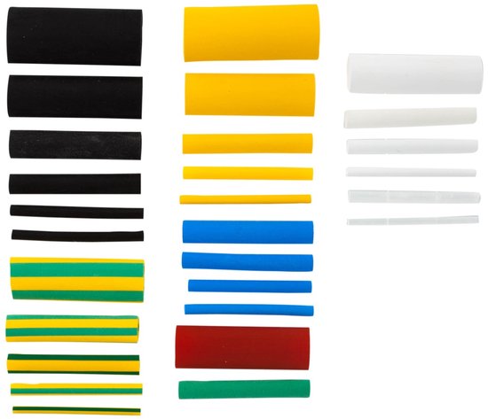 Assortiment Q-Link krimpkousen in diverse diameters en kleuren, waaronder zwart, geel, wit, blauw, rood, groen en gestreept.