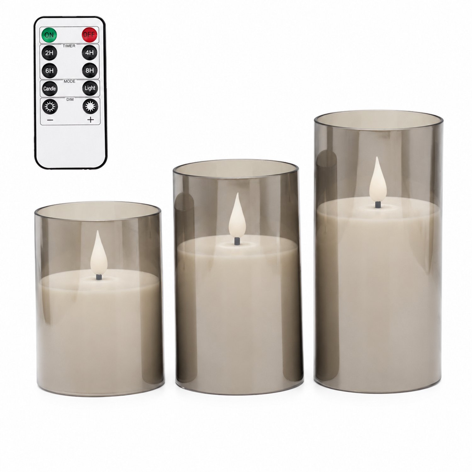 SWGOTA led kaarsen, 3 stuks per doos, grijs, met druppelvormige vlam en afstandsbediening voor bruiloften en verjaardagen