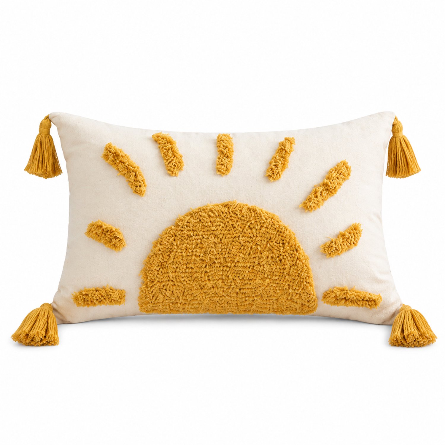 SWGOTA Sierkussen 30 x 50 cm met katoenen hoes en binnenkussen, getuft zonnemotief en kwastjes voor bank of fauteuil Crème