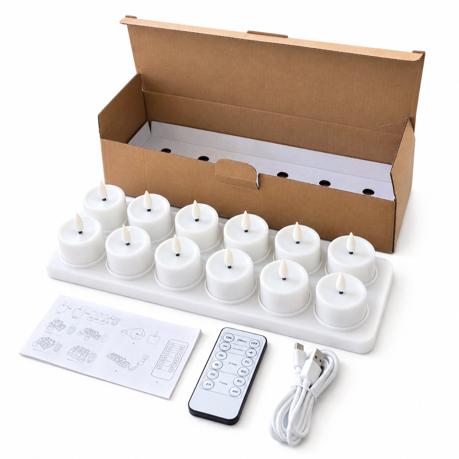 SWGOTA led kaarsen - 12 oplaadbare theelichtjes, wit met matte afwerking, USB-C, inclusief basis met 12 plaatsen, afstandsbediening en laadkabel