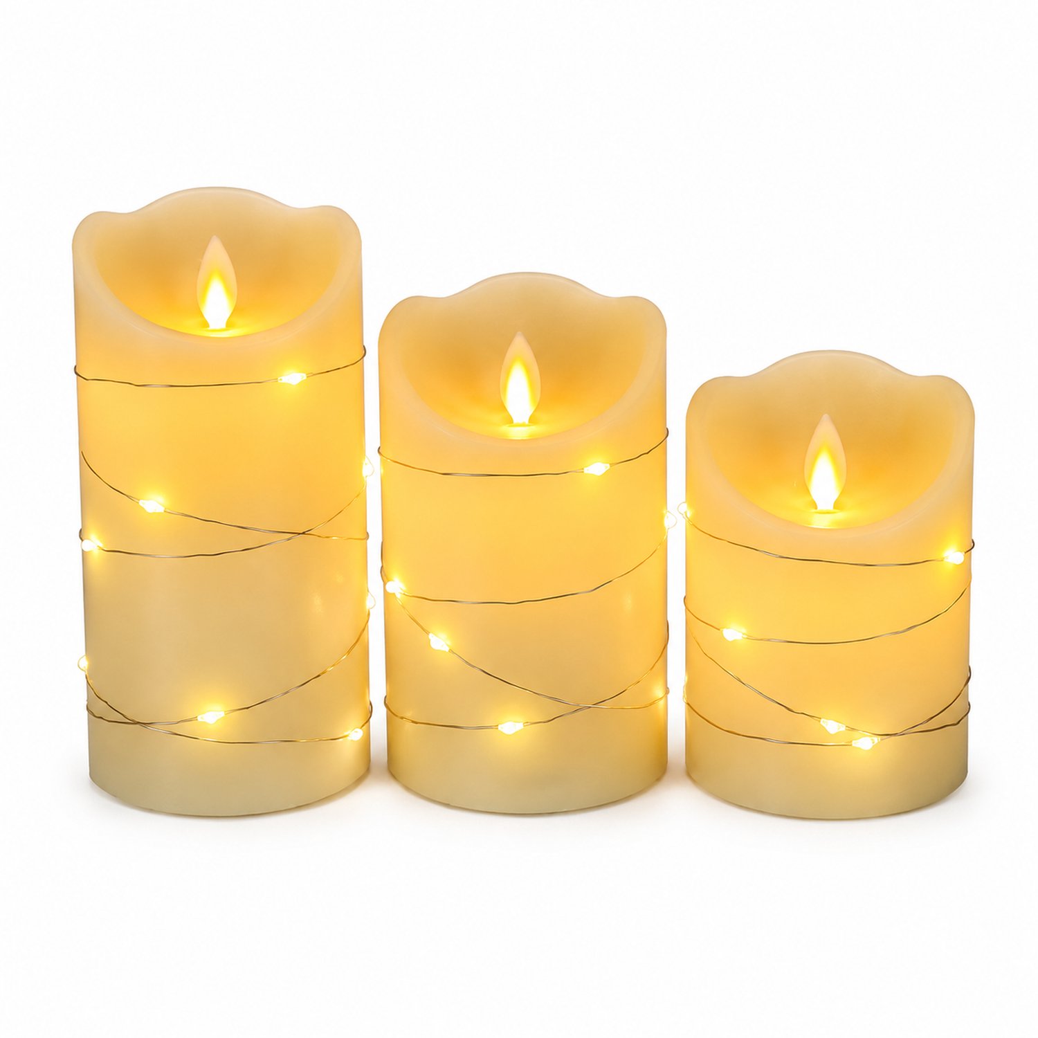 SWGOTA led kaarsen met bewegende vlam - set van 3, ivoorkleurige paraffine met lichtsnoer, warmgeel licht, Ø 7,5 cm, hoogtes 10/12,5/15 cm, 1 afstandsbediening, 2 AA per kaars