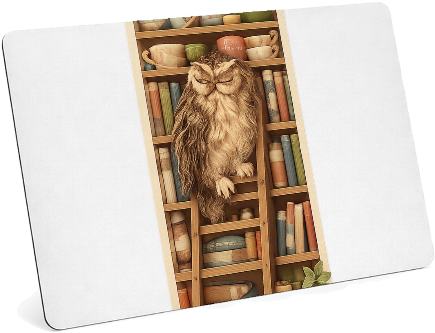 Mr Cadeautjes MDF magnetische fotolijst 28 x 19 - design Een slaperige uil op een ladder naast een hoge plank met the | cadeau Wit