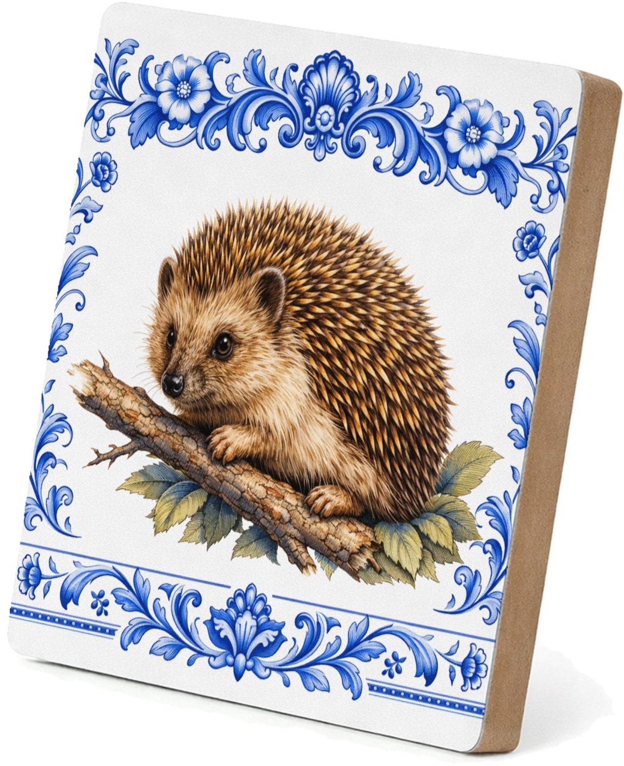Mr Cadeautjes MDF staande fotolijst 15,2 x 15,2 - design Een realistische egel op een tak of tussen bladeren, omringd | cadeau Wit