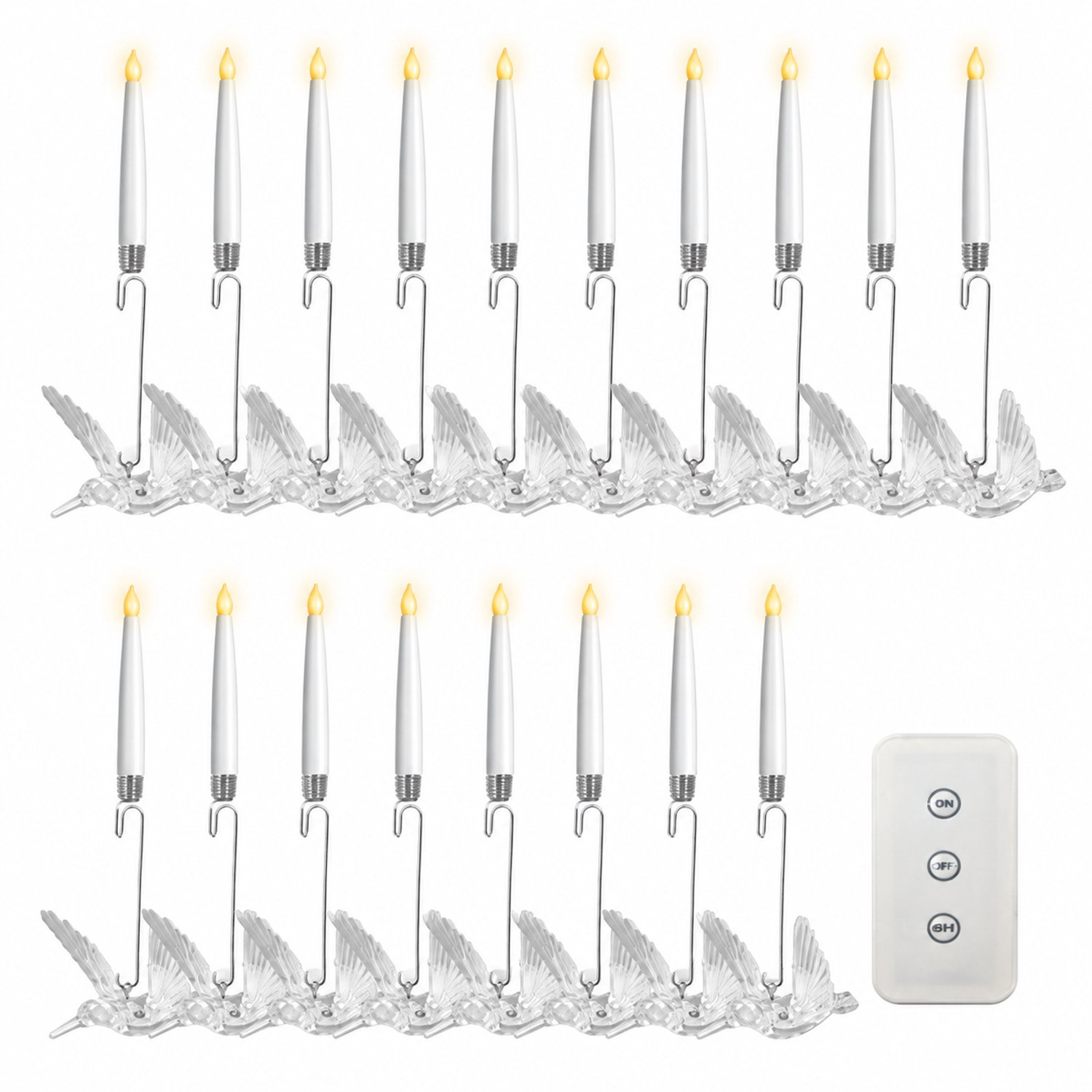 SWGOTA led kaarsen, set van 20 met vogelvormige haken, warm vlamvormig licht en afstandsbediening, voor kerst- en feestdecoratie Wit