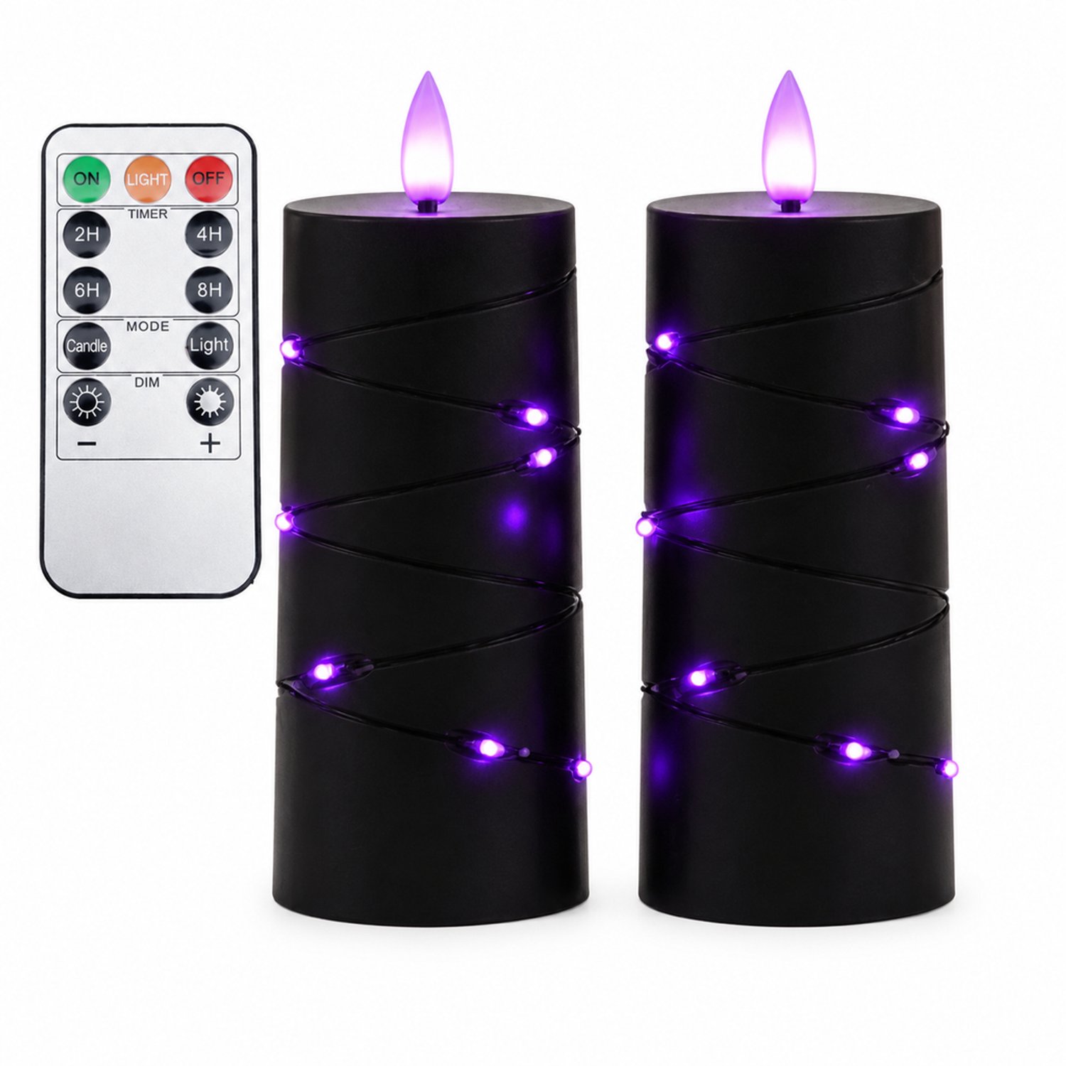 SWGOTA led kaarsen, 2 stuks per doos, zwart met paarse vlamtip en lichtsnoer, voor feestdecoratie, inclusief afstandsbediening