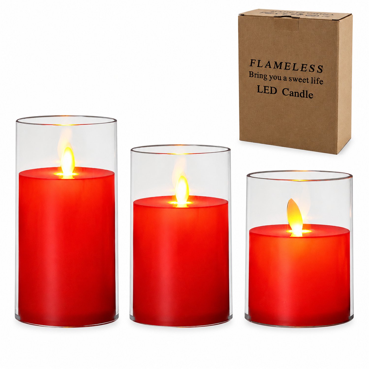 SWGOTA led kaarsen set van 3 - rood met bewegende vlam en transparante kap - diameter 7.5 cm, hoogte 10/12.5/15 cm - batterijen niet inbegrepen