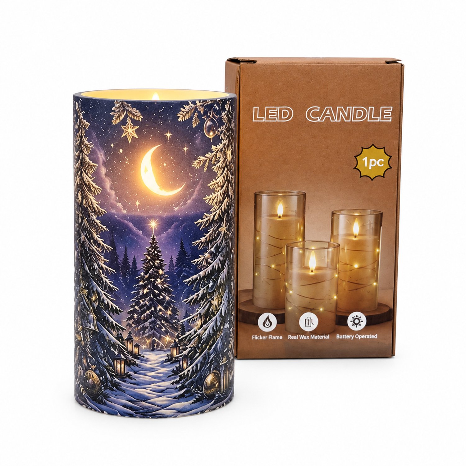 SWGOTA led kaarsen voor kerst: 1 kunststof kaars met bosprint, 7,5 x 15 cm, warm licht, op batterijen, in doos, zonder batterijen Blauw