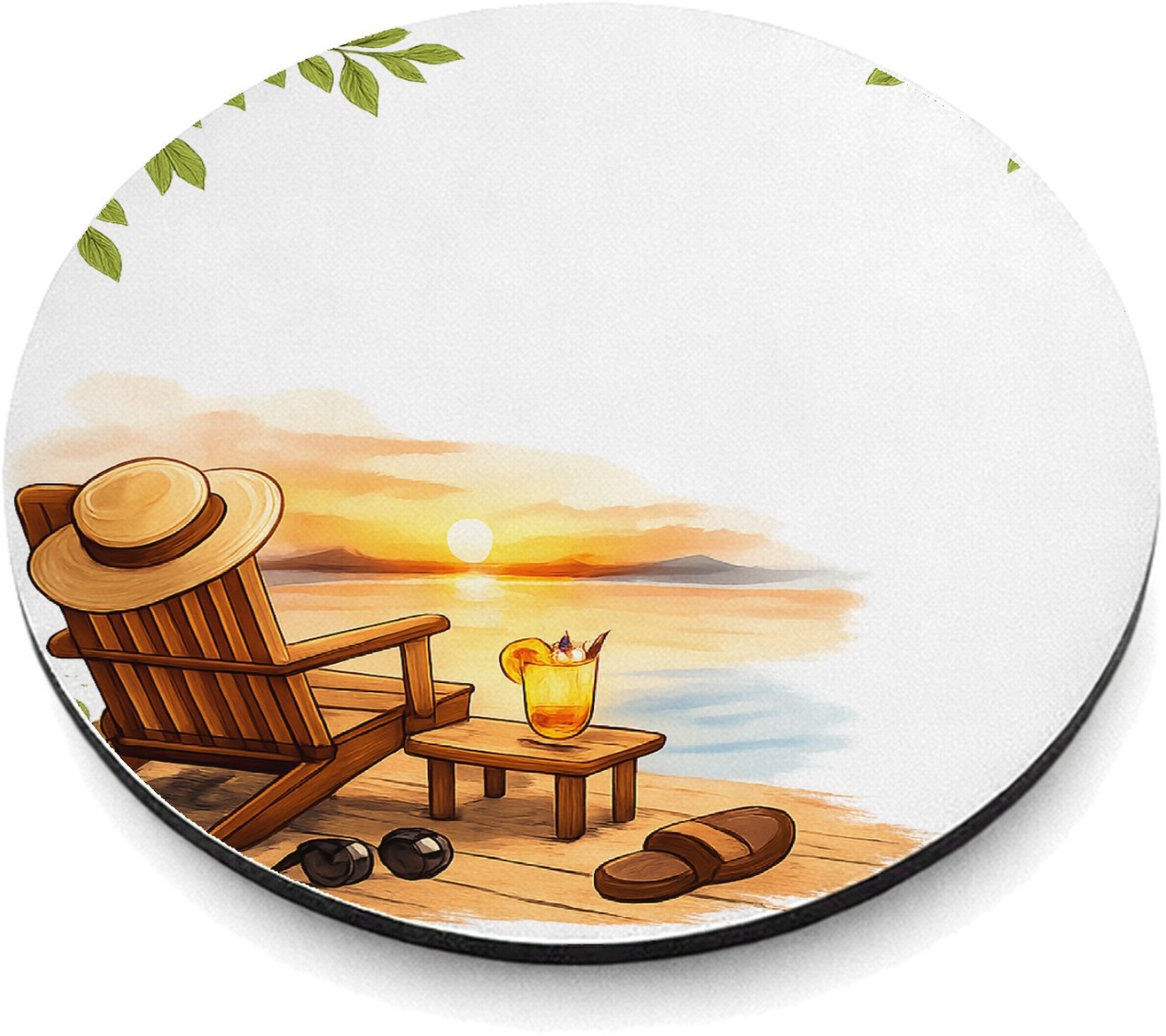 Mr Cadeautjes MDF magnetische fotolijst rond Ø 9,5 - design Een vrolijke vrije-tijdsscène in een ligstoel op het strand | cadeau Wit
