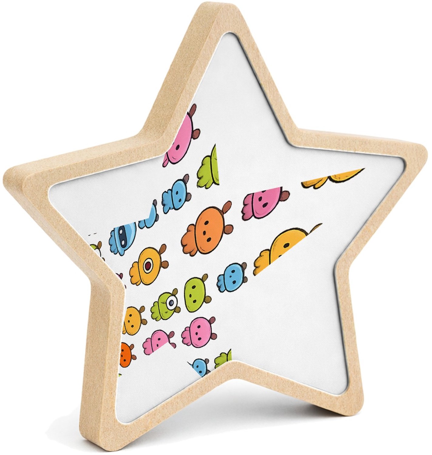 Mr Cadeautjes MDF fotolijst ster 14 x 13,5 - design Herhaald patroon van kleine ruimtewezens in zachte pastelkle | cadeau Wit
