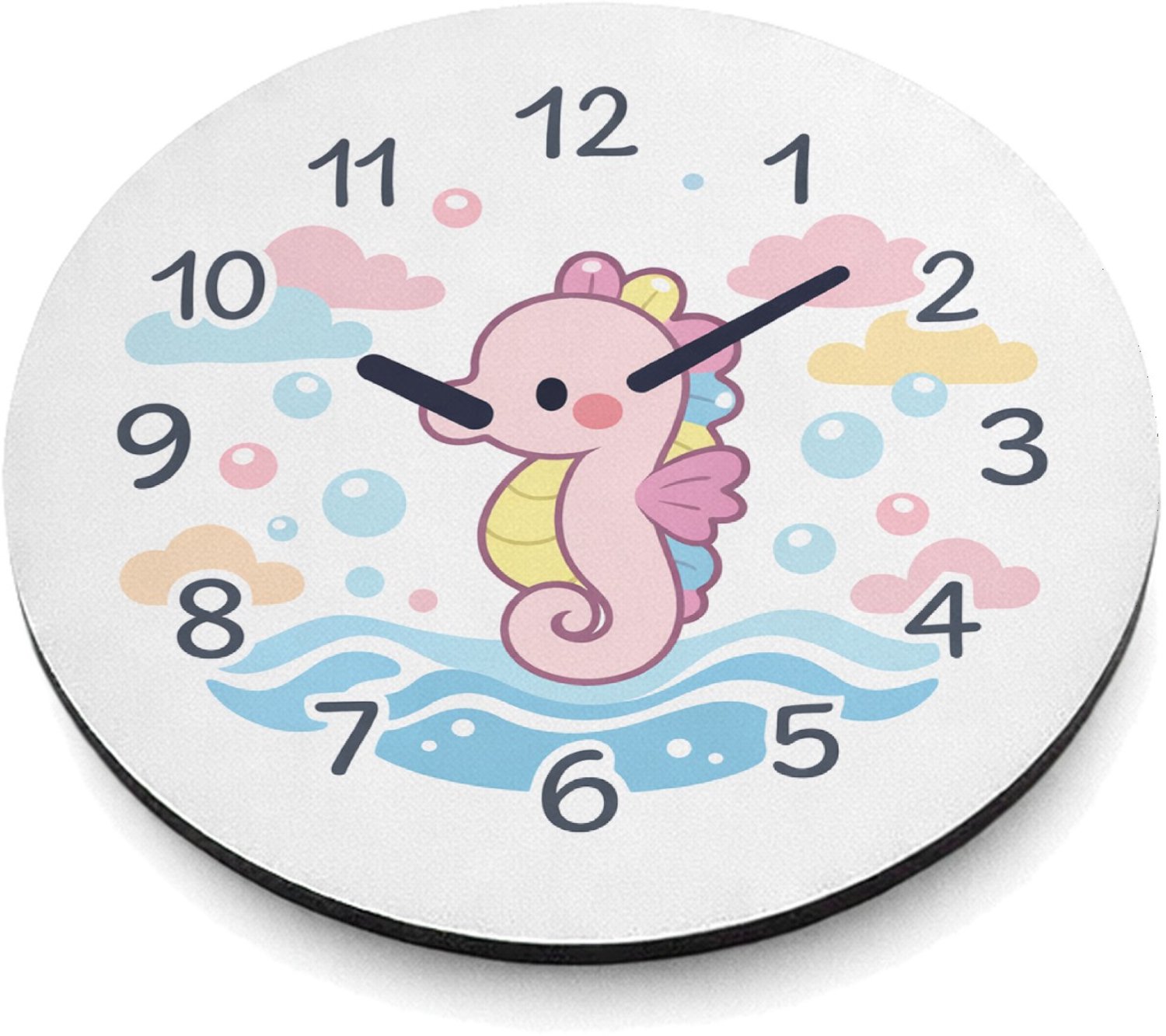 Mr Cadeautjes MDF magnetische fotolijst rond Ø 9,5 - design Onderwaterklok met een schattige zeepaardje-illustratie | cadeau Wit