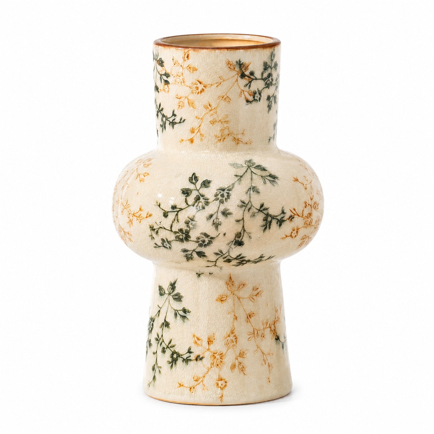 Keramische vaas in lantaarnvorm, 20 cm hoog, met craquelé en botanisch dessin, voor kunstbloemen en decoratie