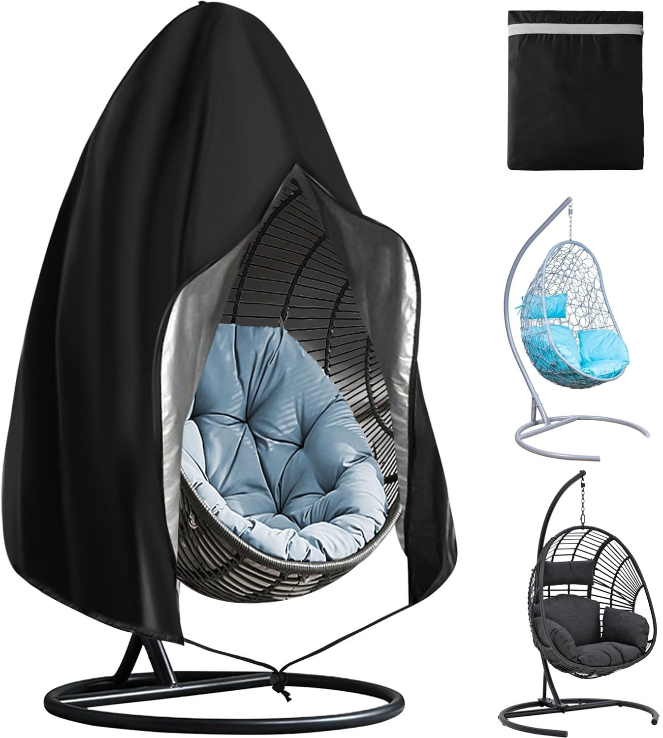 Famanu Hangstoelhoes 230 x 200 cm, waterafstotende Oxford-beschermhoes voor patio, schommelstoelen en eierschommelstoelen, zwart, biedt bescherming tegen water, UV-stralen en stof