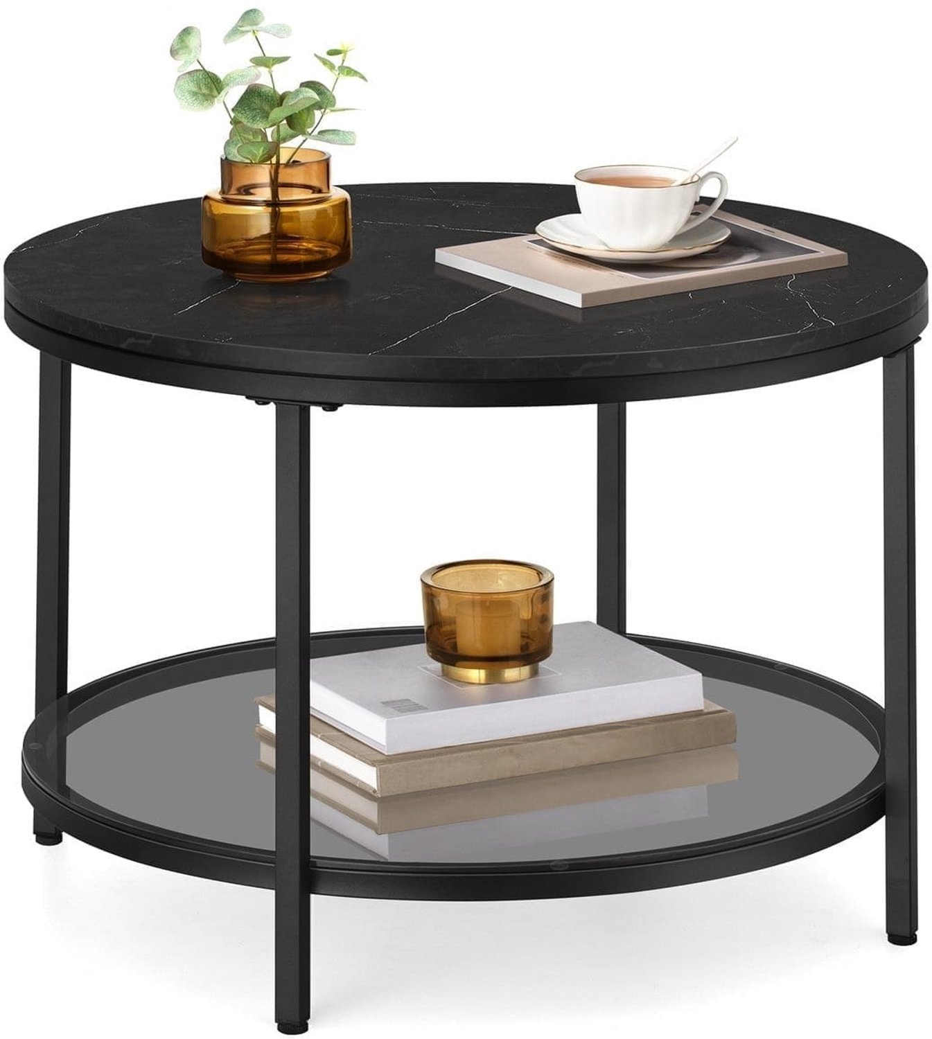 Klarven Salontafel Marmerlook Zwart - Salontafel Glas - Gehard Glas Tafelblad - Modern Design - Eenvoudig te Monteren