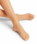 Benen in transparante beige panty, geplaatst in een gekruiste houding op een witte achtergrond.