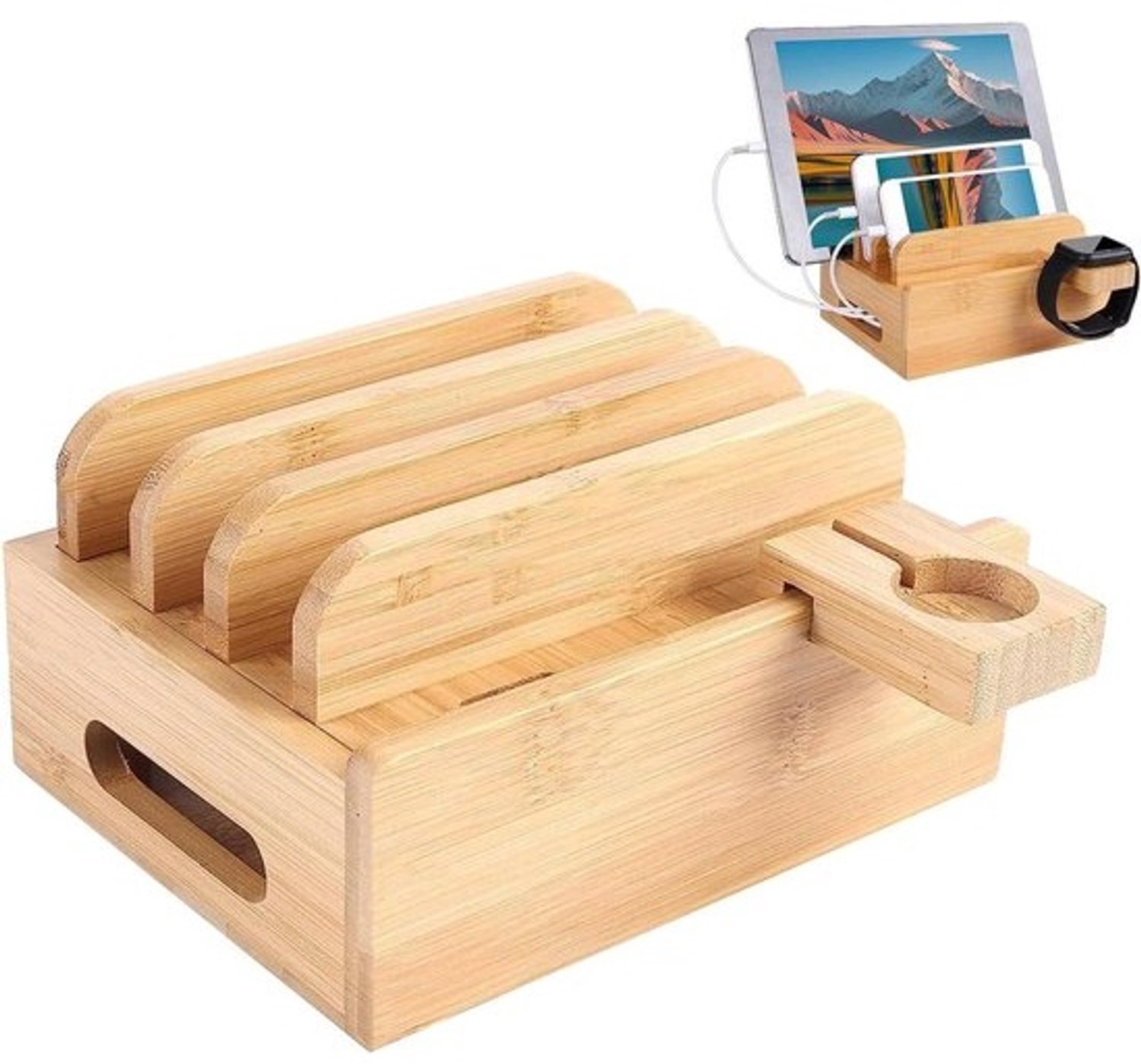 Houten Laadstation - Organizer Dock - Apparaten Organiseren - Meerdere Apparaten - 16.8 x 12.7 cm - Natuurlijk Hout