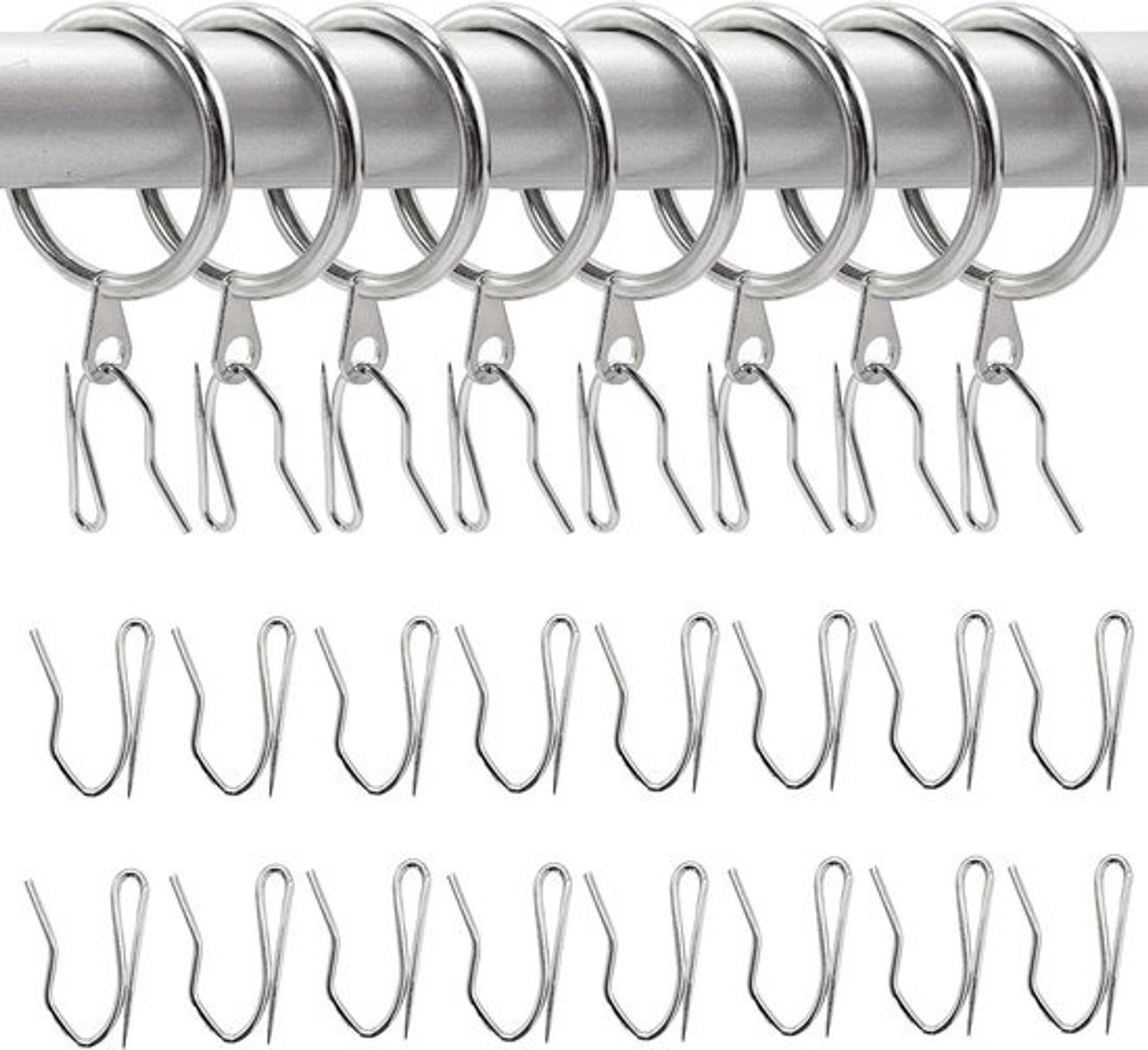 Gordijnringen en haken - Gordijn accessoires - Gordijnen ophangen - Stevig metaal - 62 stuks - Zilver