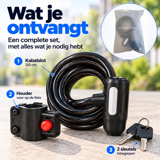 Fietsslot met Houder - Kabelslot - Spiraalslot - 120 cm - met Sleutels - Zwart — afbeelding 4