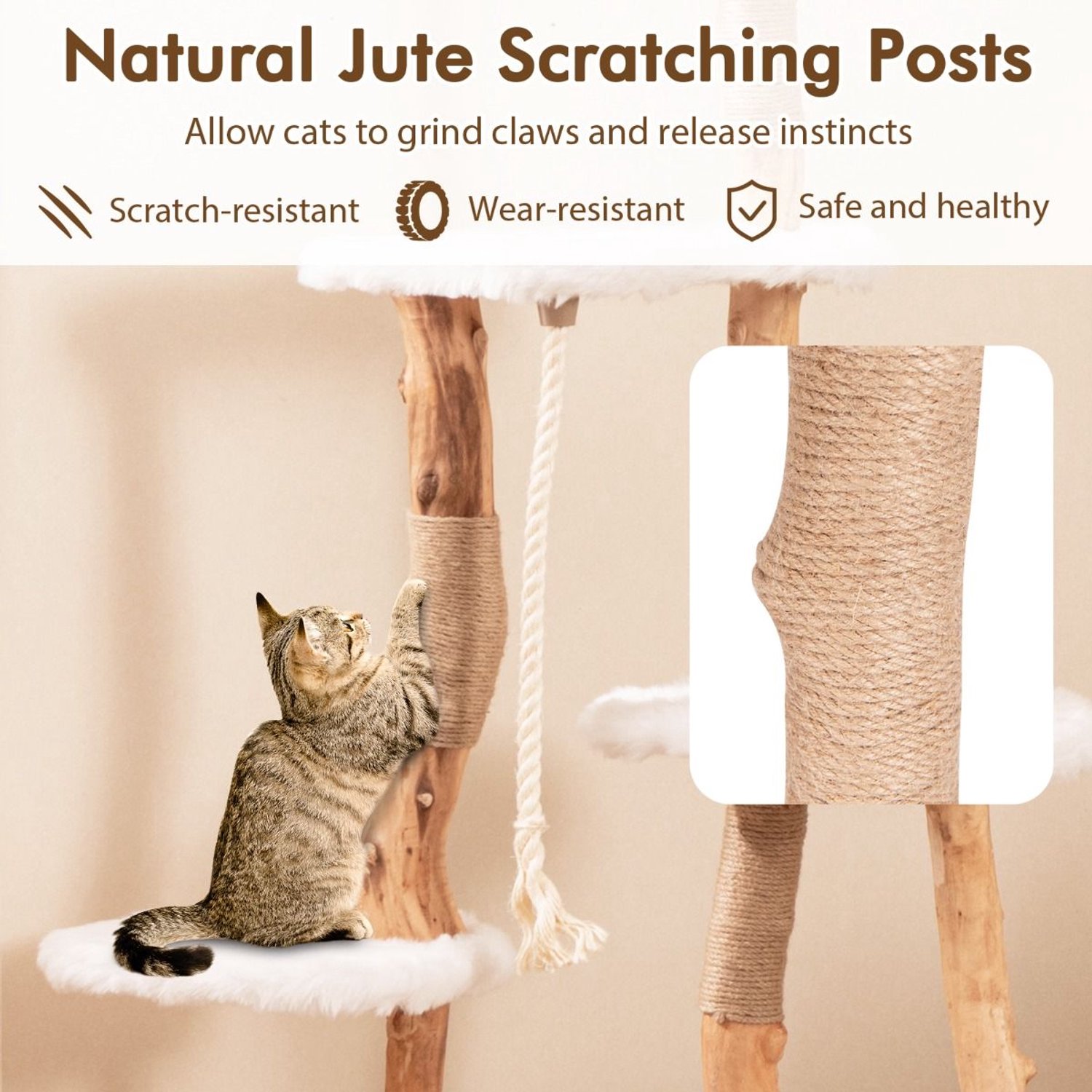 SureDeal® - Krabpaal - Houten - Platforms - Hol - Krabpalen - Sisaltouw Kattenboom - 68x58x168 cm - Wit