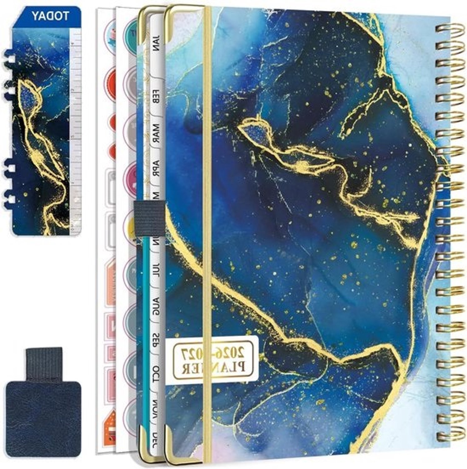 Weekkalender 2026 2027 - Spiraal agenda - Dagelijkse planning - Inclusief stickers - Formaat A5 - Donkerblauw