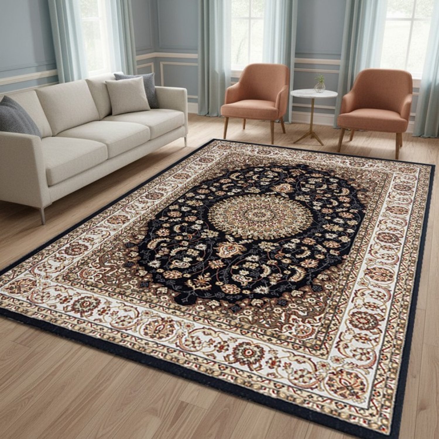 TapisTrend Oosters tapijt Blauw 240x340 cm Klassiek met bloemenmedaillon voor de woonkamer, slaapkamer en eetkamer
