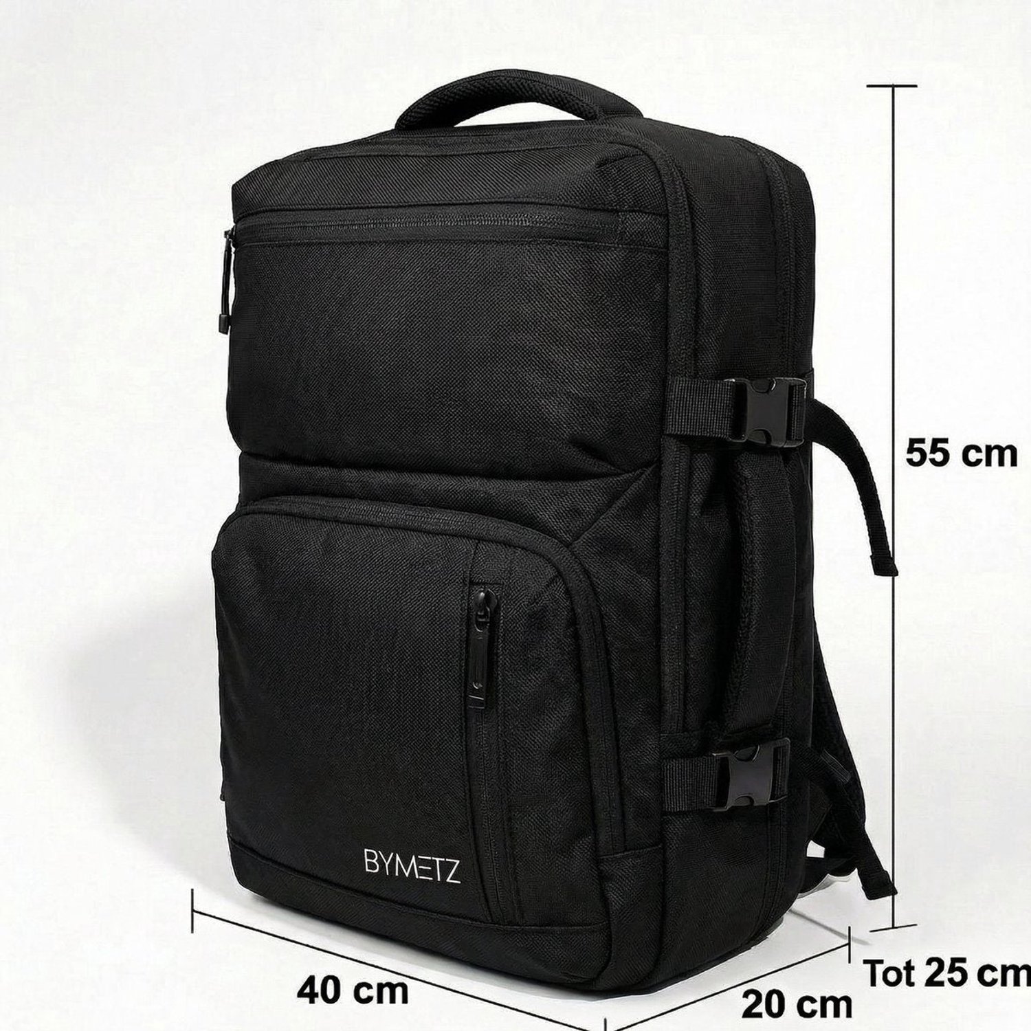 ByMetz 55x40x20 / 55x40x25 Handbagage Rugzak Uitbreidbaar - Groot Laptopvak - Zwart