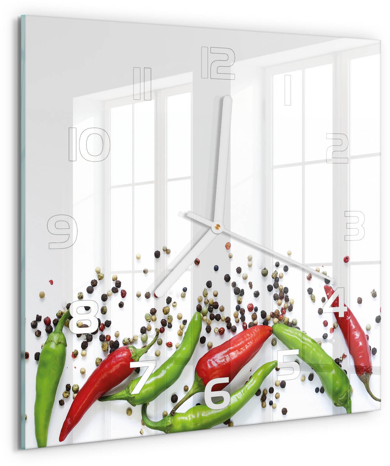 Tulup Wandklok - Chilipepers Decoratieve Glazen Klok - 30x30 cm - Veelkleurig Glazen Wandklok Design - Witte handen - Vierkante Klok - Glazen Klok Met Print - Wandklok Glas Met Motief