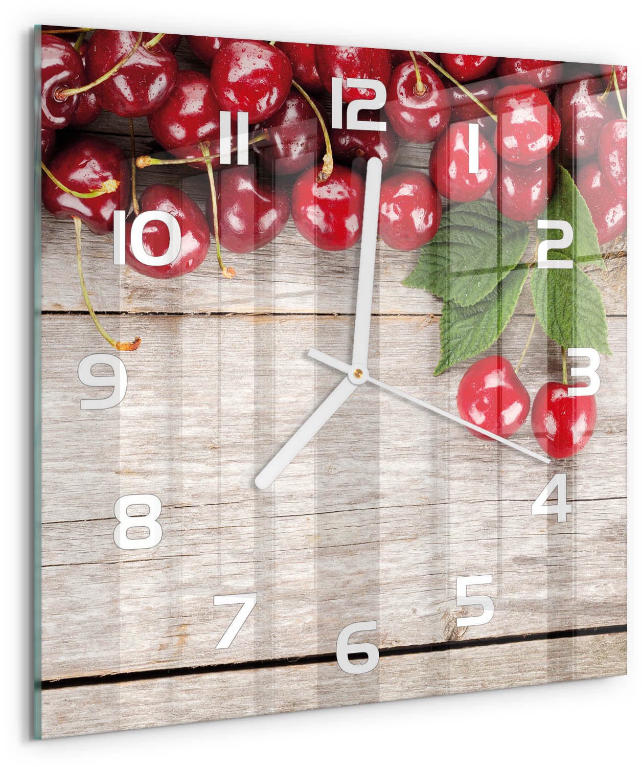 Tulup Wandklok - Kersen op hout Wandklok Glas Met Motief - 30x30 cm - Rood Decoratieve Glazen Klok - Witte handen - Vierkante Klok - Gekleurde Glazen Klok - Glazen Klok Met Print