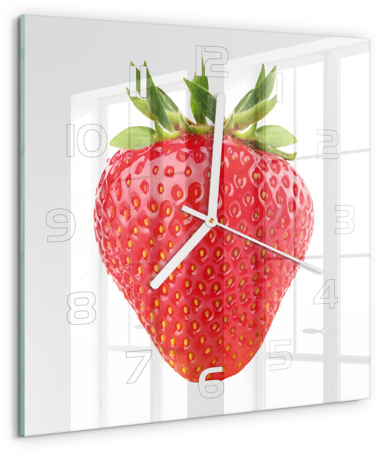 Tulup Wandklok - Aardbei Glazen Wandklok Design - 30x30 cm - Rood Klok Glas Met Opdruk - Witte handen - Vierkante Klok - Wandklok Glas Met Motief - Decoratieve Glazen Klok