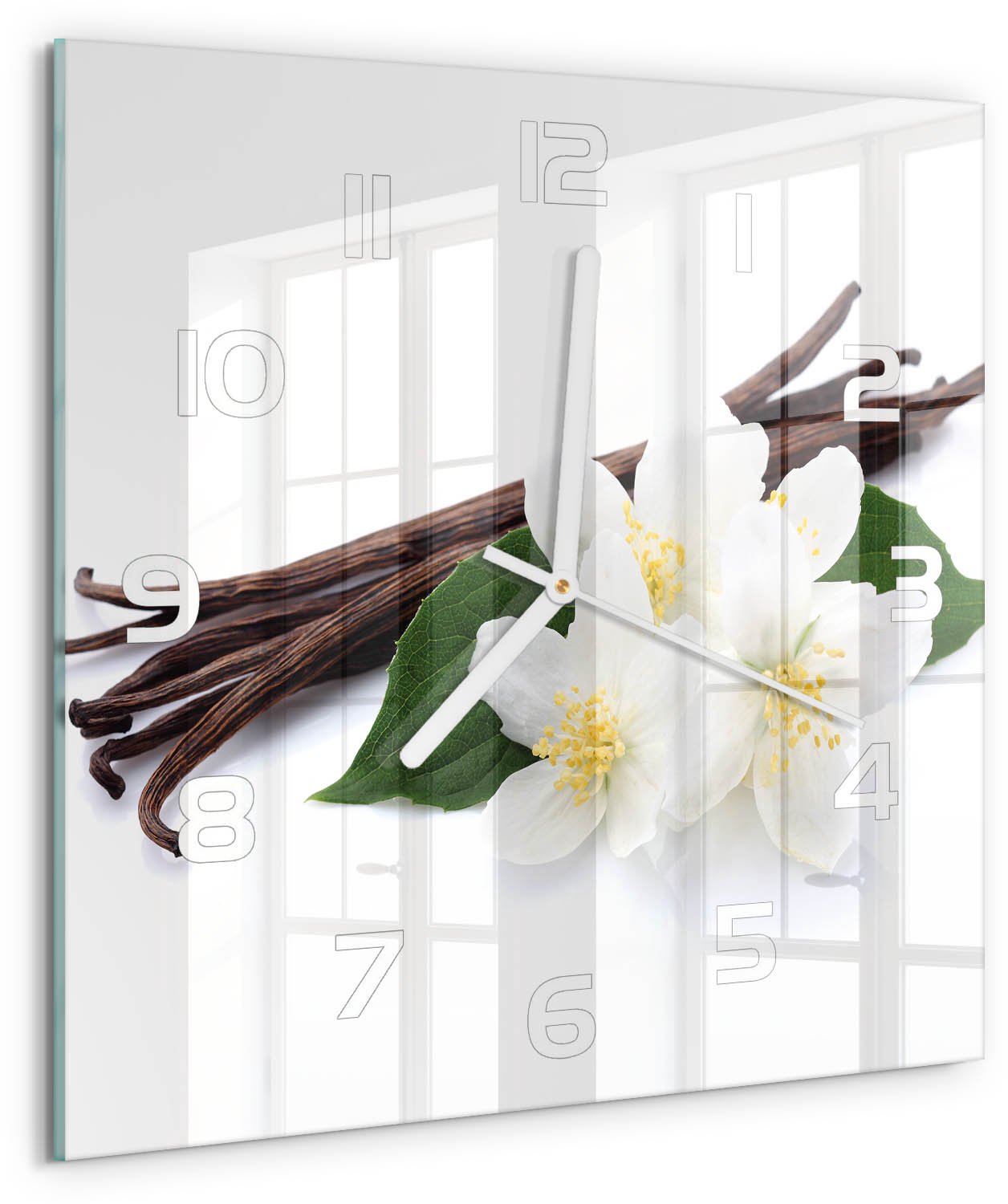 Tulup Wandklok - Jasmijn en vanille Klok Glas Met Opdruk - 30x30 cm - Bruin Moderne Wandklok Glas - Witte handen - Vierkante Klok - Decoratieve Glazen Klok - Glazen Wandklok Design
