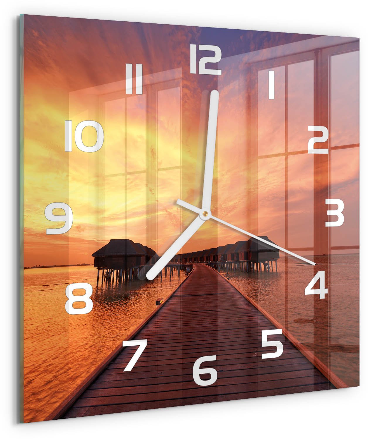 Tulup Wandklok - Bungalows op de Malediven Decoratieve Glazen Klok - 30x30 cm - Oranje Glazen Wandklok Design - Witte handen - Vierkante Klok - Glazen Klok Met Print - Wandklok Glas Met Motief
